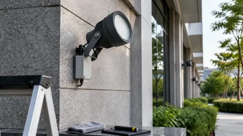 Lampu sorot terpasang pada dinding luar rumah