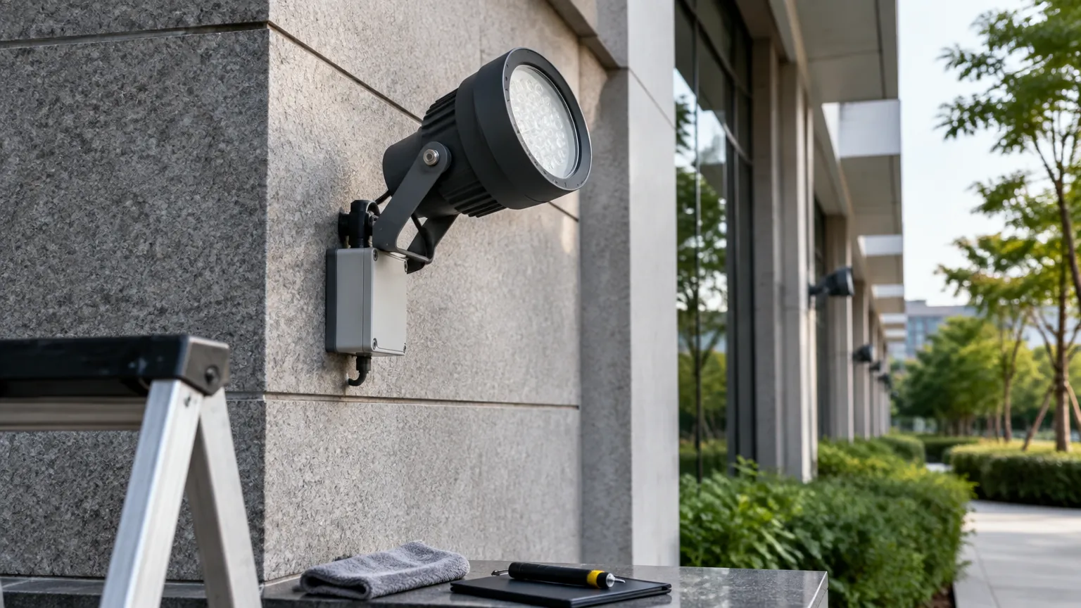 Lampu sorot terpasang pada dinding luar rumah