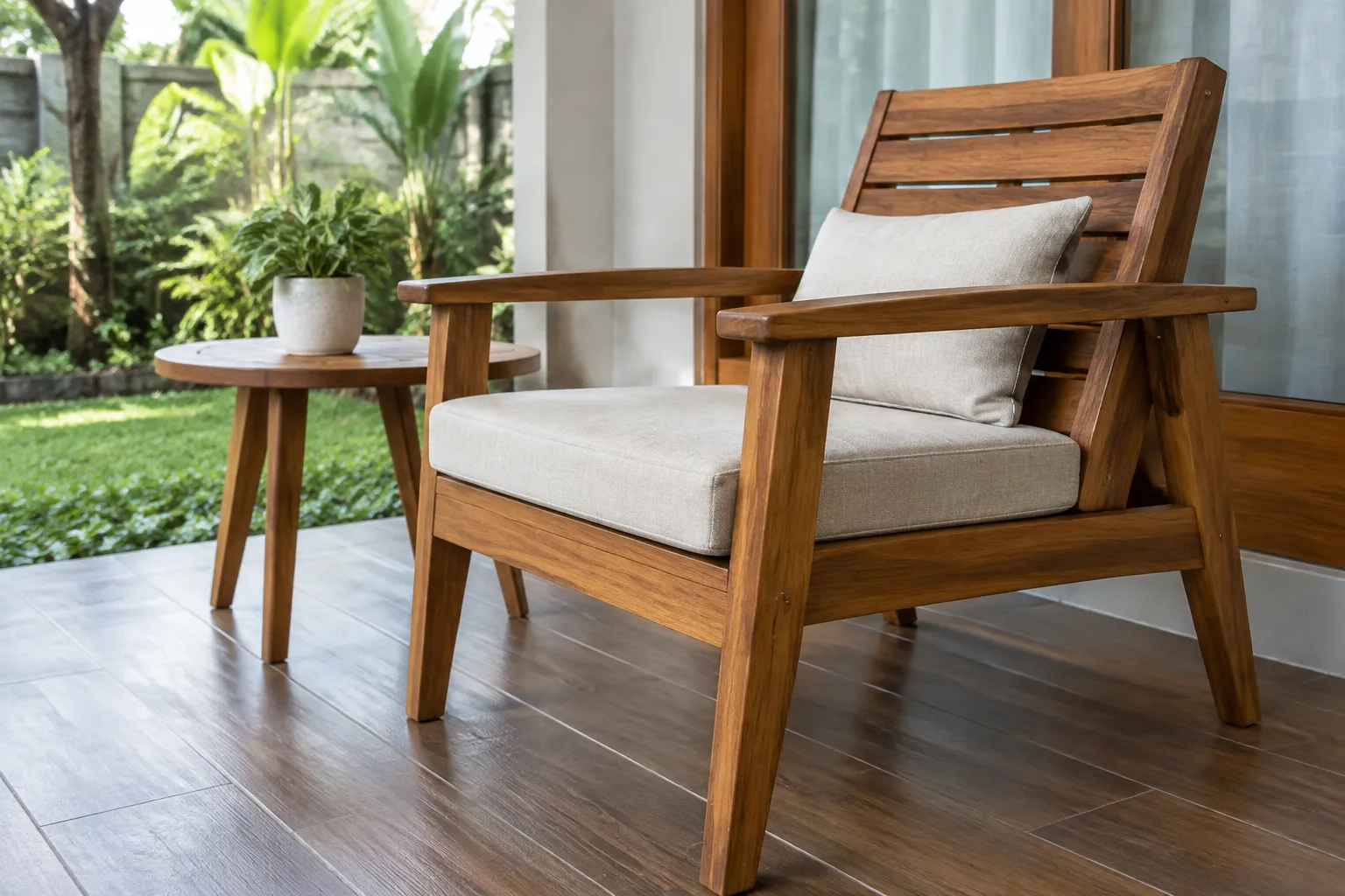 Kursi kayu dan bantal putih di teras yang terang
