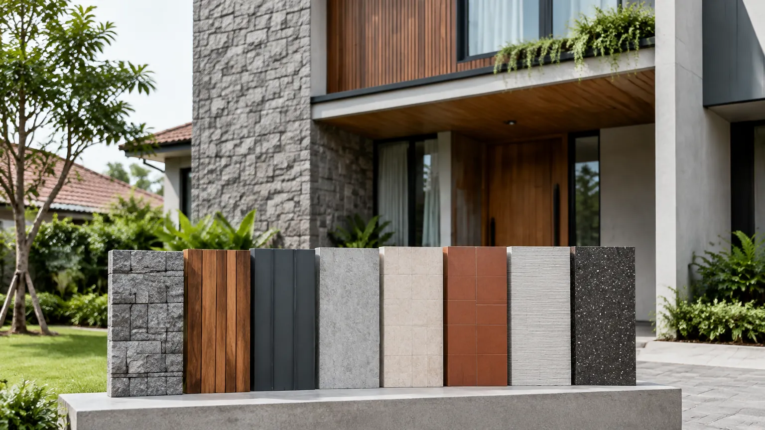 Sampel warna dan bahan pelapis di depan fasad rumah
