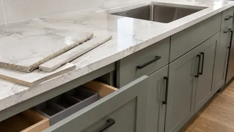 Potongan meja kerja dan laci kitchen set dengan sisa bahan