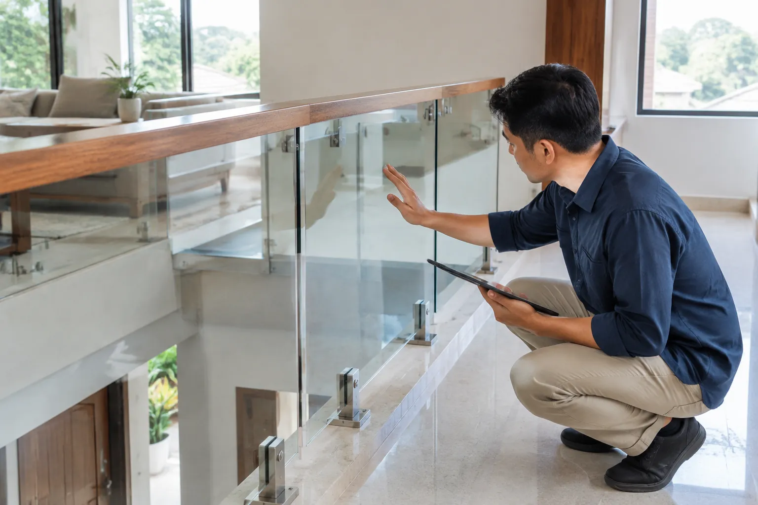 Orang meninjau railing kaca.
