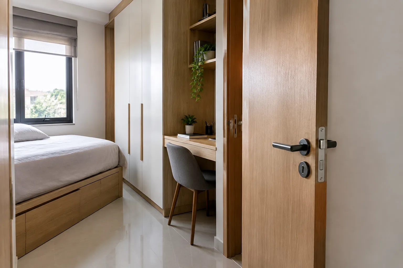 Pintu kayu dekat lemari dan meja kerja di kamar tidur kecil