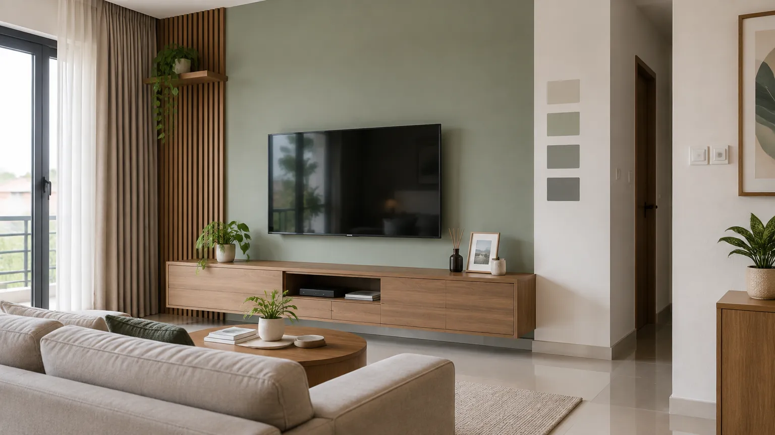 Dinding ruang keluarga dengan warna hijau dan panel kayu