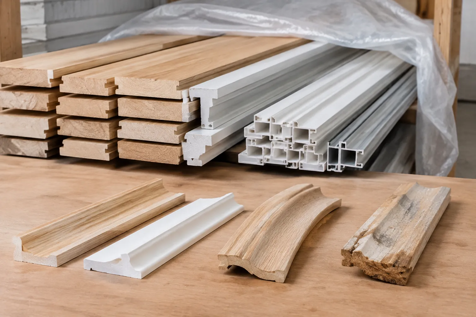Profil trim kayu dan plastik tersusun sebelum pemasangan