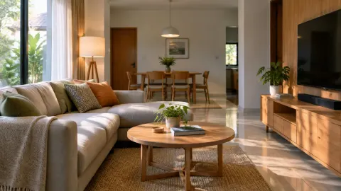 Ruang keluarga dengan sofa, meja, dan cahaya dari jendela