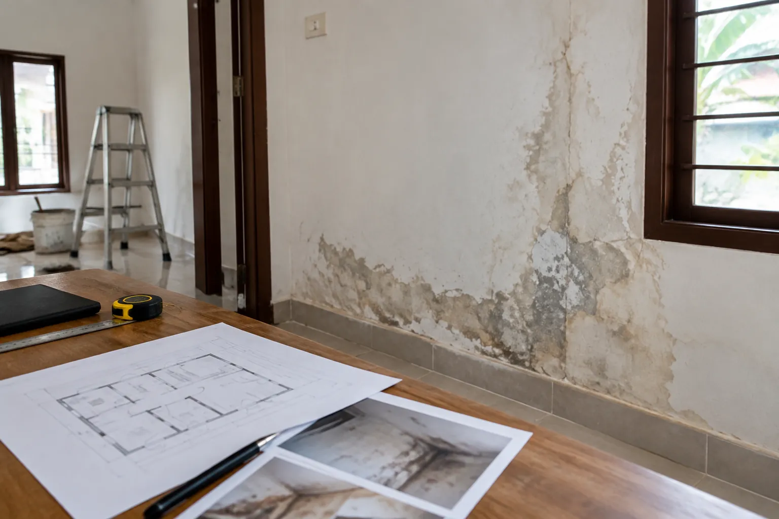 Dinding rumah dengan noda luas dan gambar renovasi di meja