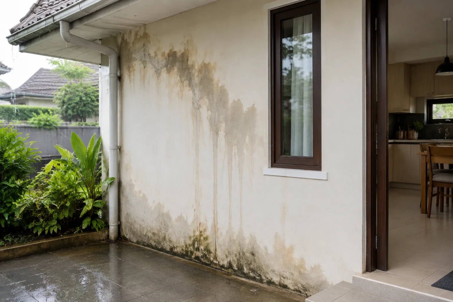 Noda air dan jamur mengikuti bagian bawah dinding luar rumah