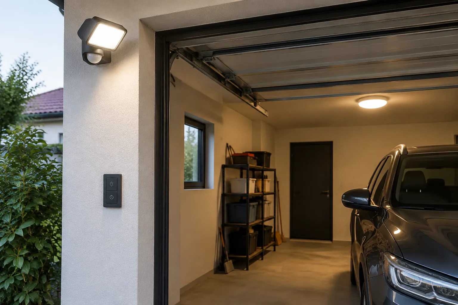 Lampu dan kontrol dinding di dekat pintu garasi