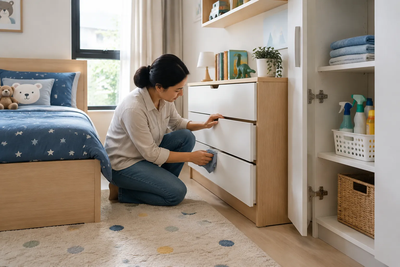 Seseorang membersihkan laci lemari di kamar anak