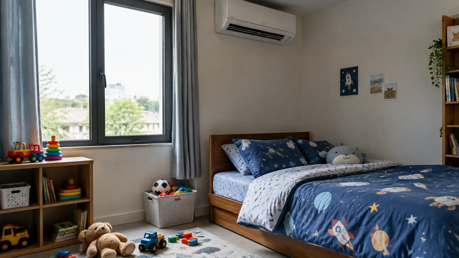 Kamar anak dengan jendela besar dan unit AC di dinding