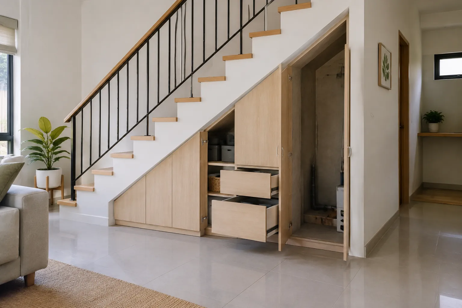Ruang bawah tangga memakai kabinet dengan pintu yang dapat dibuka