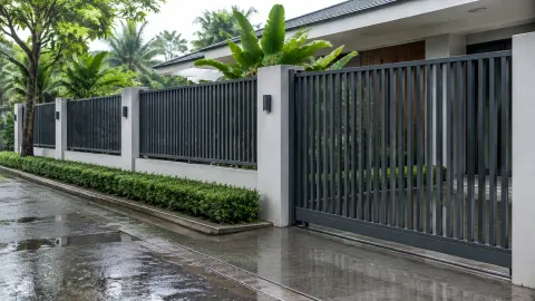Pagar logam dan gerbang di depan rumah pada jalan yang basah