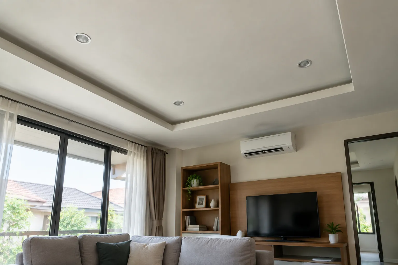 Plafon ruang keluarga dengan lampu sorot dan unit AC