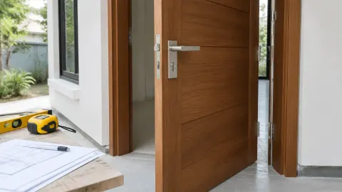 Pintu kayu dengan alat ukur di dekatnya