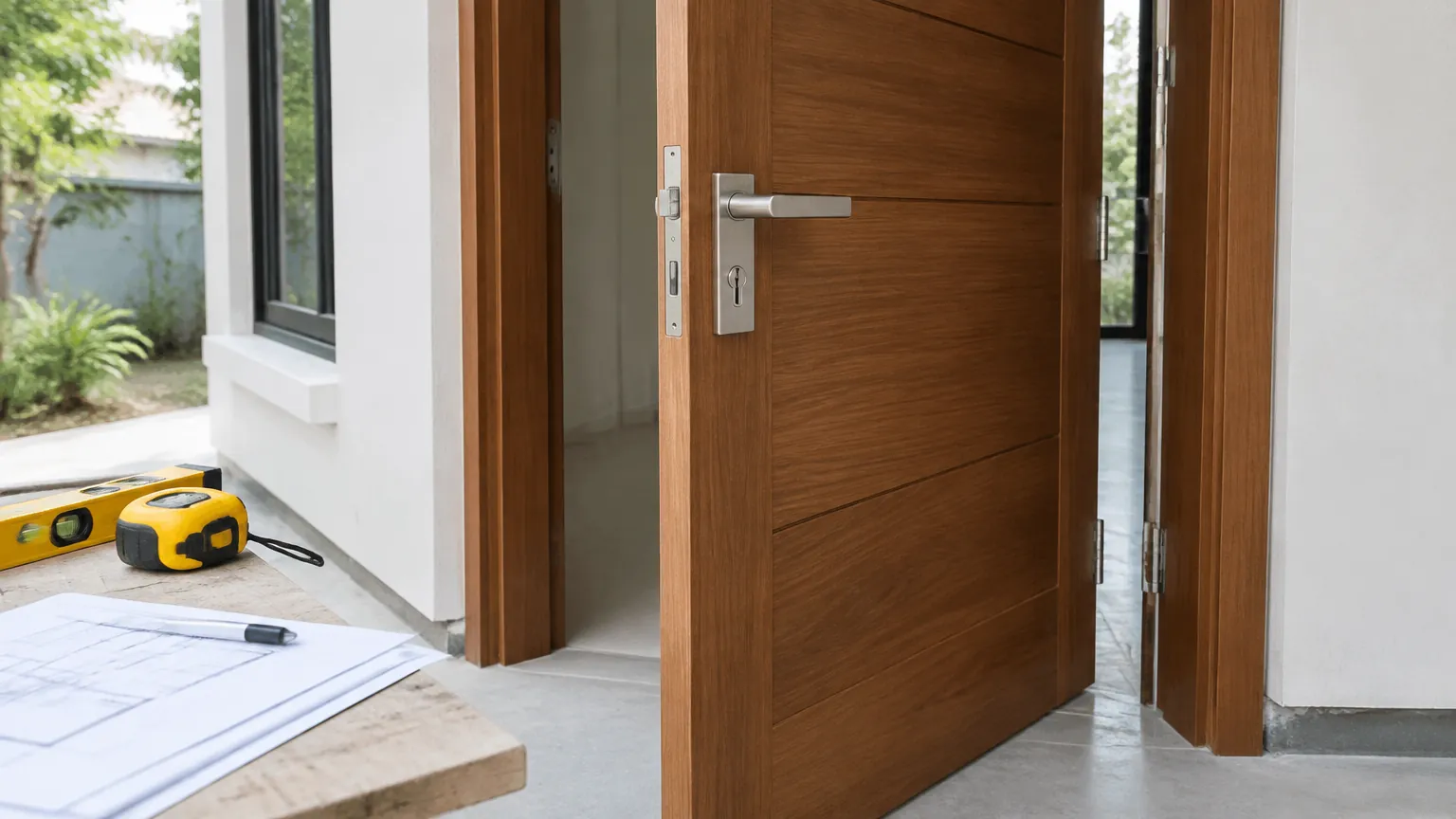 Pintu kayu dengan alat ukur di dekatnya