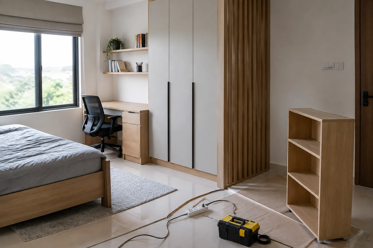 Kamar remaja dalam pekerjaan pemasangan lemari