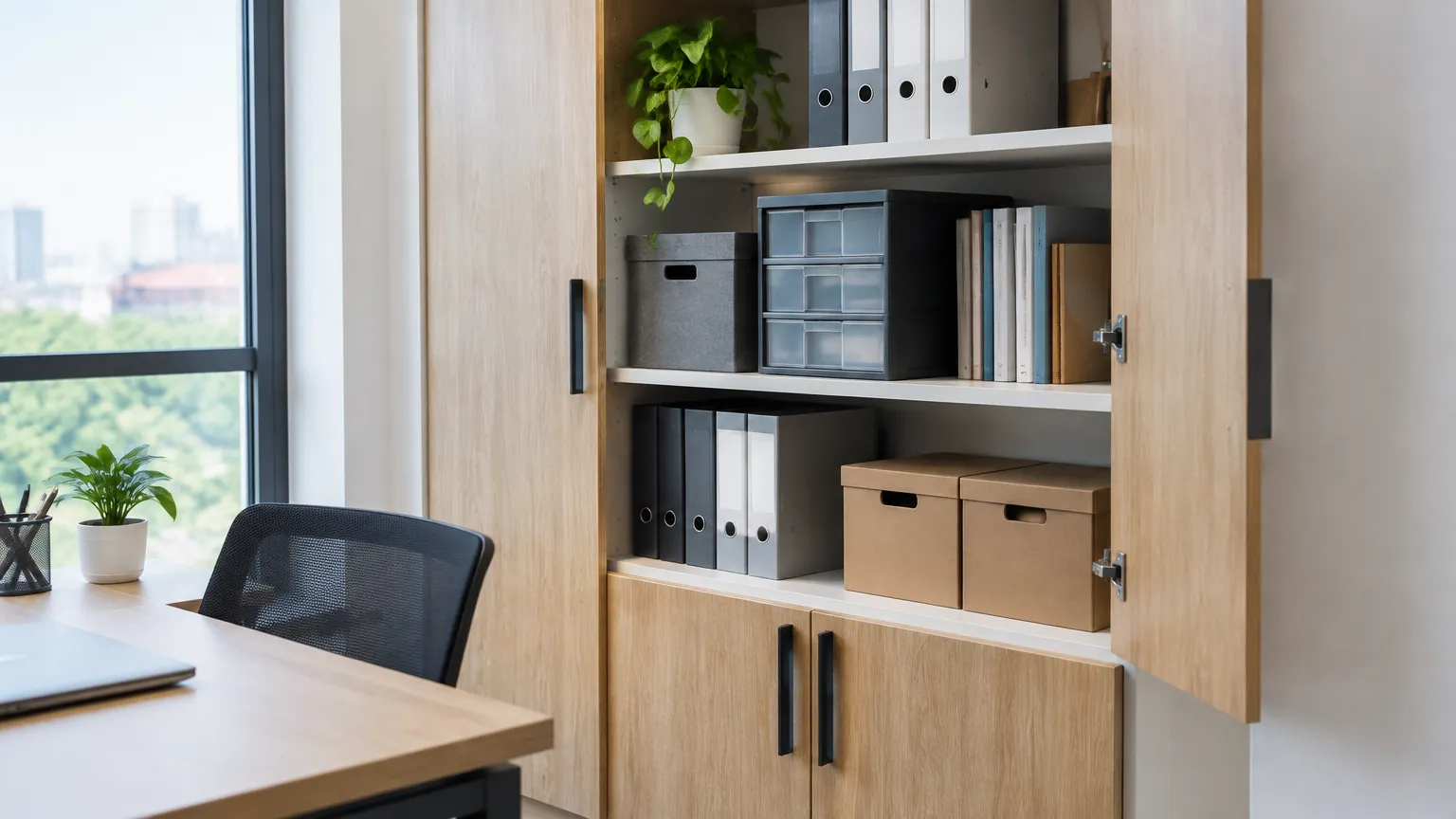 Kabinet penyimpanan kantor dengan rak dan berkas