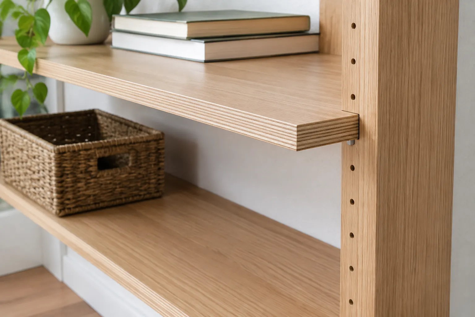 Detail papan kayu pada rak terbuka