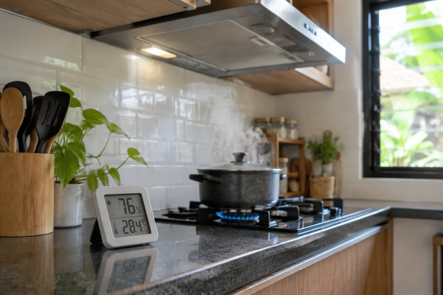 Panci di atas kompor dapur dengan pengisap asap di atasnya