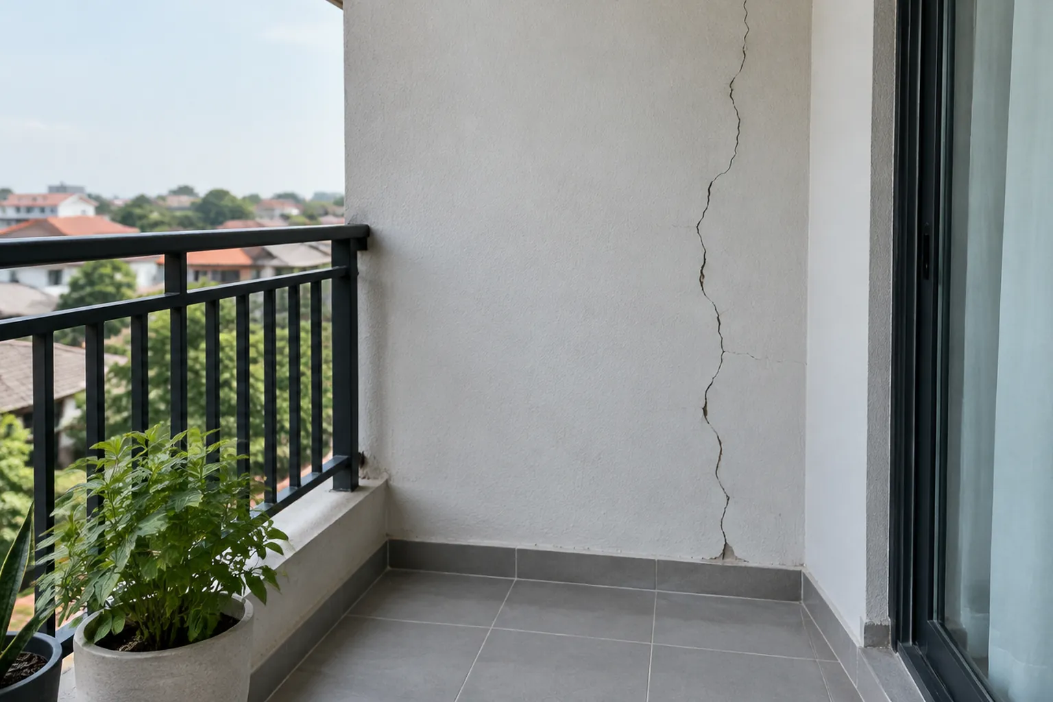Retakan pada dinding balkon dekat pintu kaca