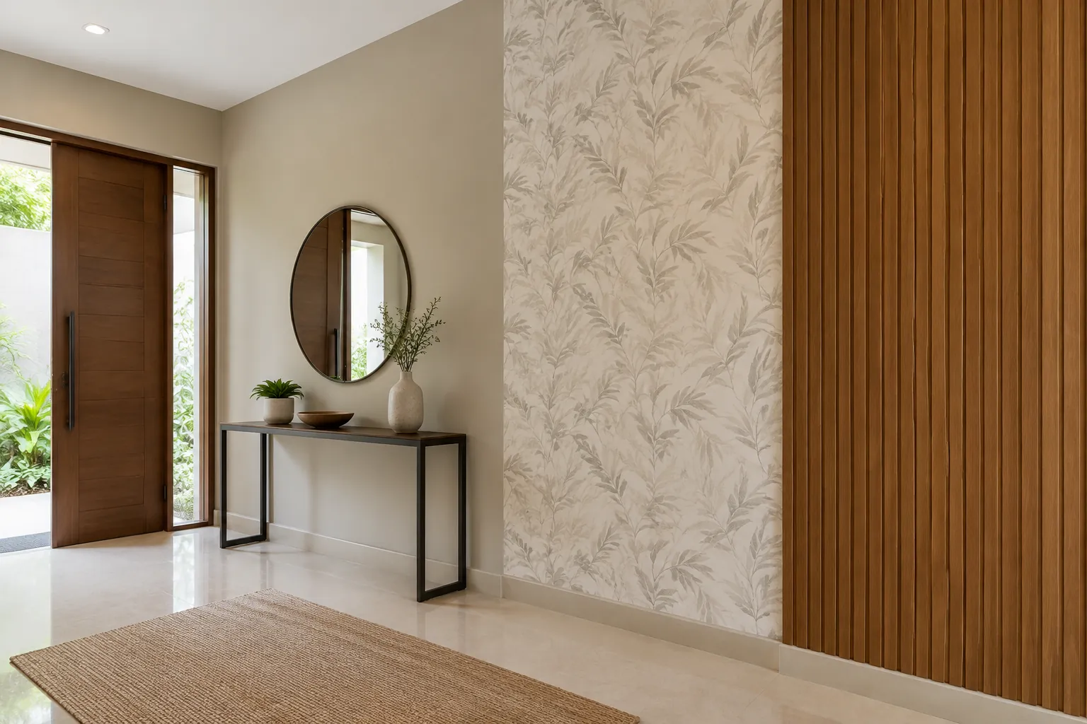 Foyer dengan wallpaper motif lembut, cermin, dan panel kayu