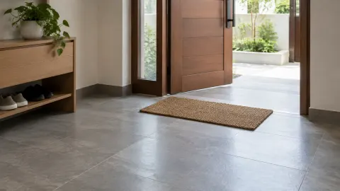 Foyer dengan lantai abu dan keset dekat pintu