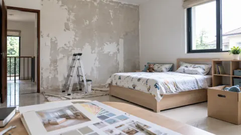 Kamar anak dengan dinding yang sedang direnovasi