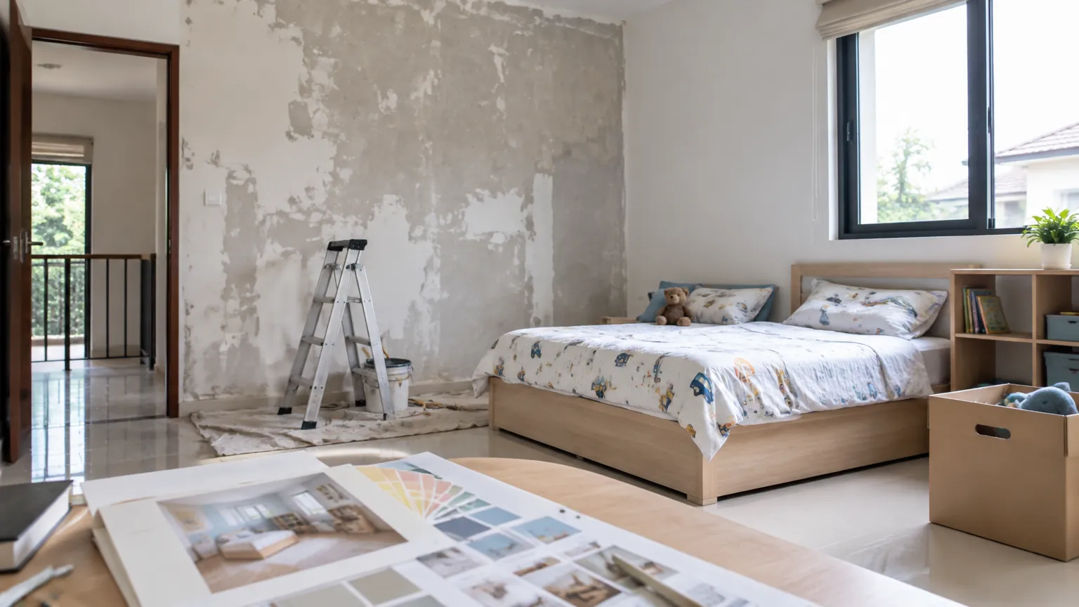 Kamar anak dengan dinding yang sedang direnovasi
