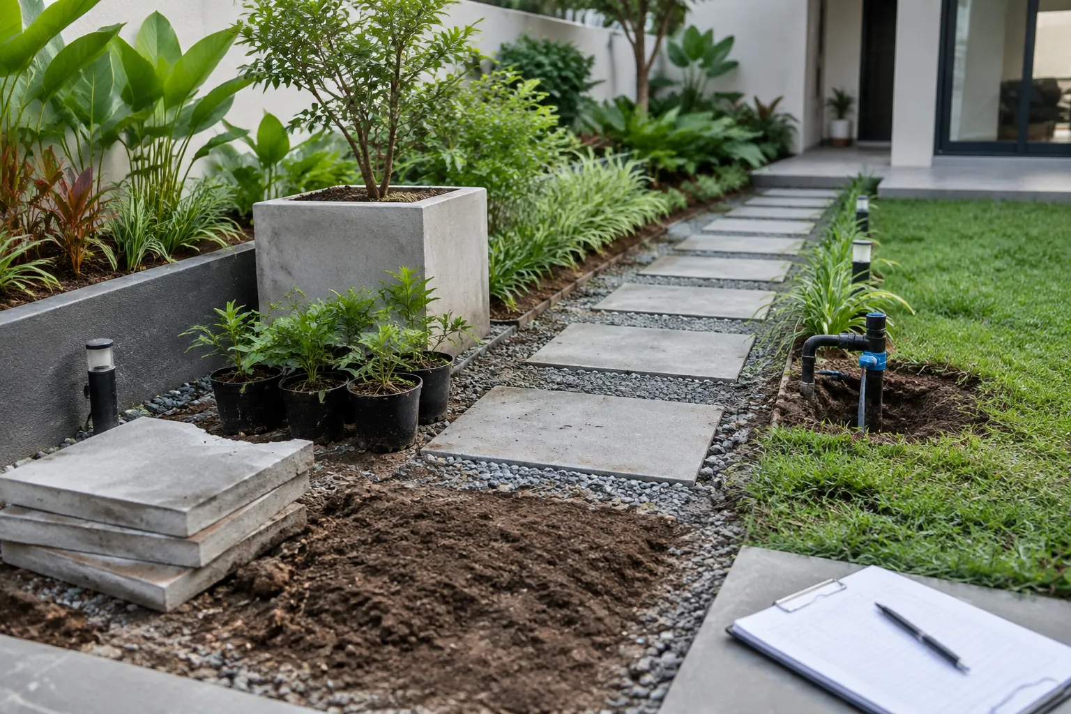 Jalur pijak taman sedang diubah dengan galian dan bahan kerja di tepinya