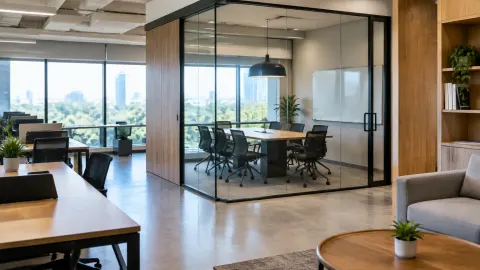 Ruang rapat berkaca di tengah kantor