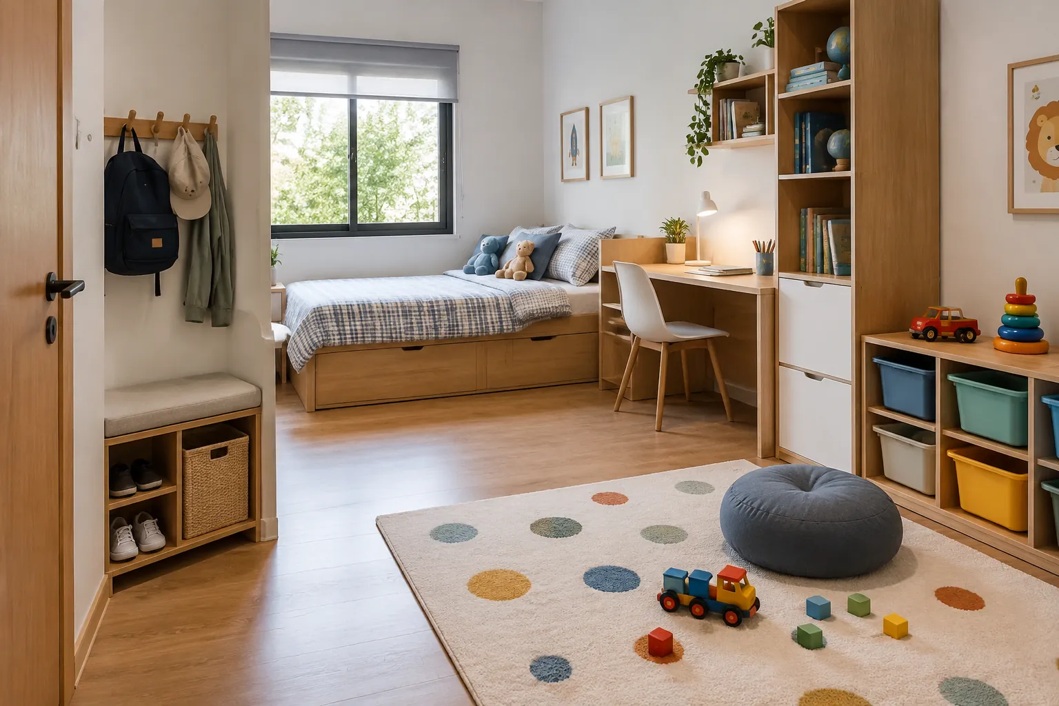Tempat tidur, meja dan penyimpanan mainan tersusun di kamar anak