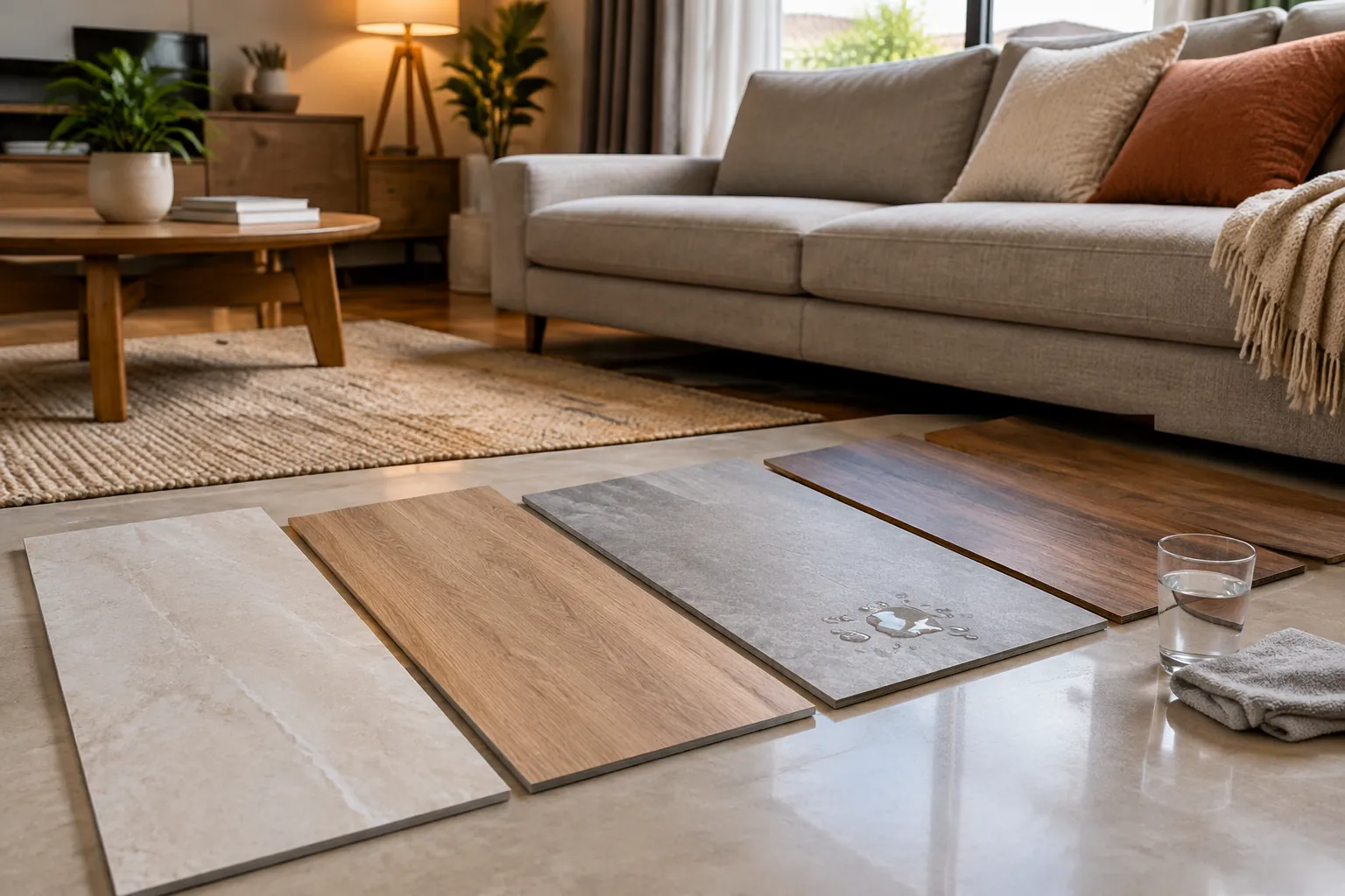 Contoh beberapa bahan lantai di depan sofa