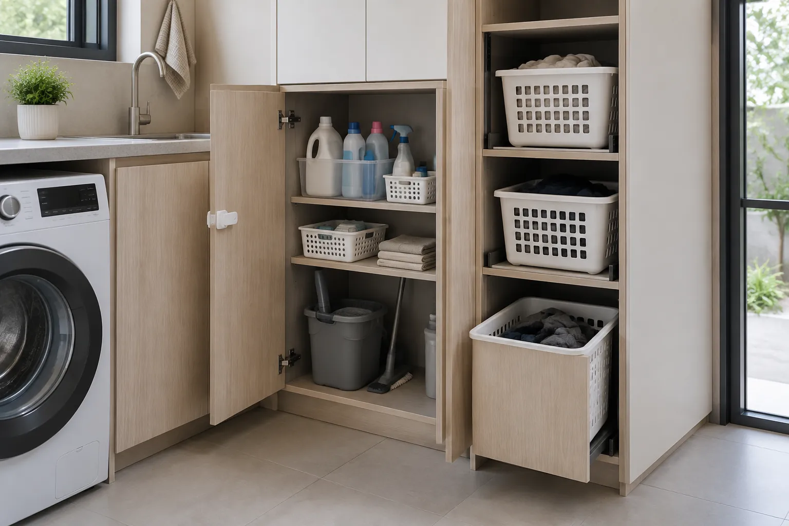 Rak dan keranjang dalam kabinet laundry yang terbuka