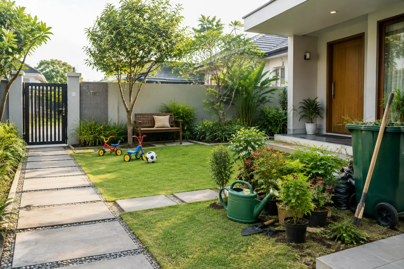 Jalur, rumput, bangku, dan peralatan berkebun berada dalam satu halaman