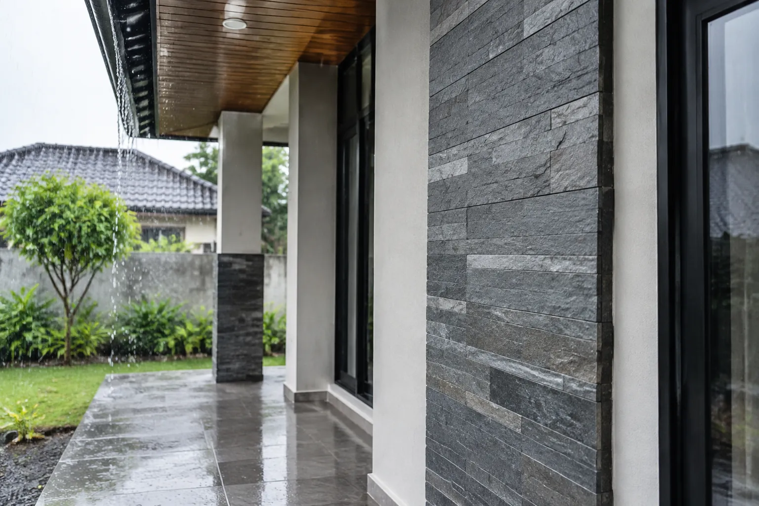 Dinding teras berlapis batu abu-abu di bawah atap