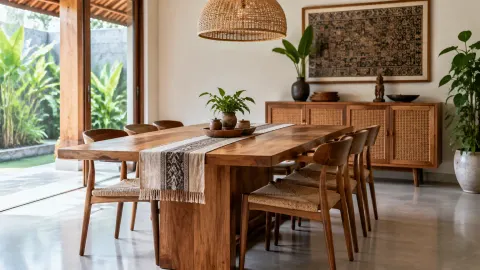 Ruang makan dengan meja kayu dan panel ukiran di dinding
