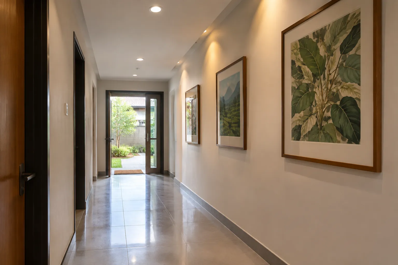 Lorong rumah dengan lampu dinding di dekat pintu