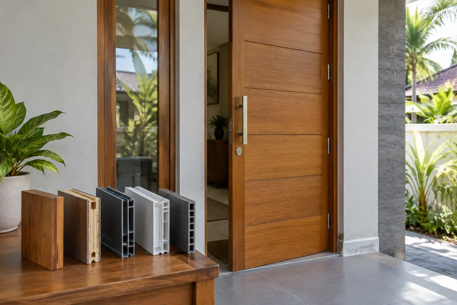 Contoh potongan bahan pintu disusun di samping pintu kayu