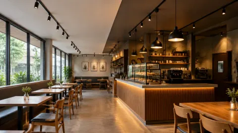 Kafe dengan lampu gantung dan lampu konter menyala