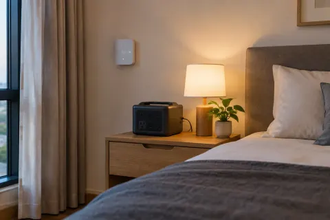 Perangkat elektronik di meja samping tempat tidur.
