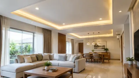 Ruang keluarga dengan plafon bertingkat dan lampu tersembunyi