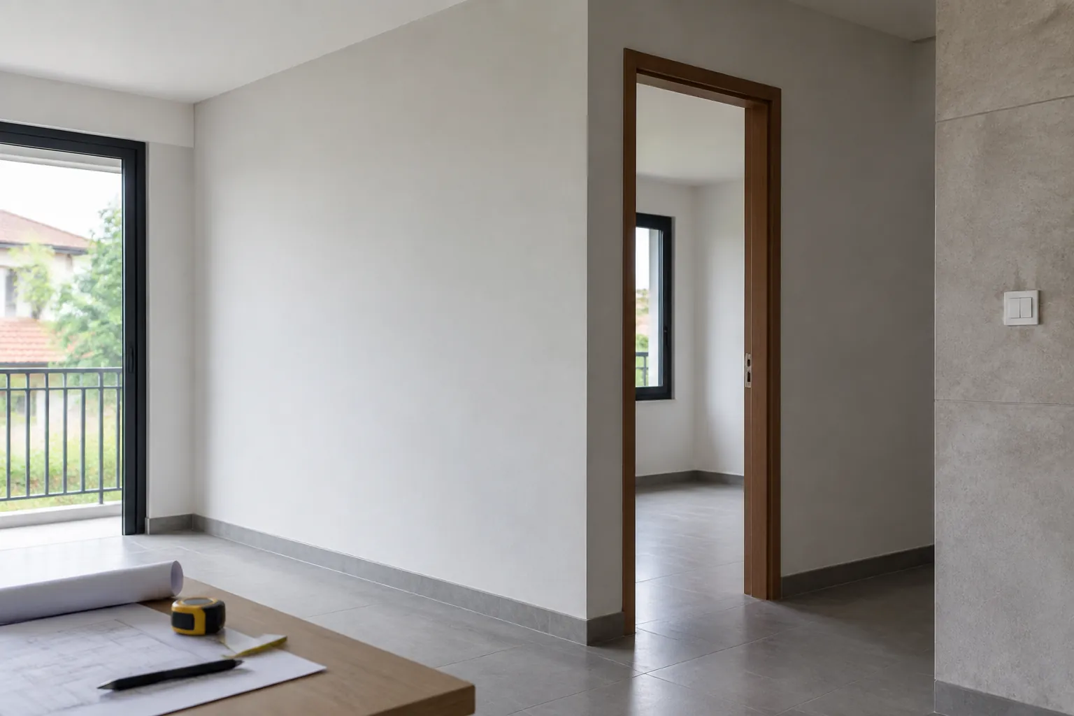 Dinding kosong di antara pintu dan jendela