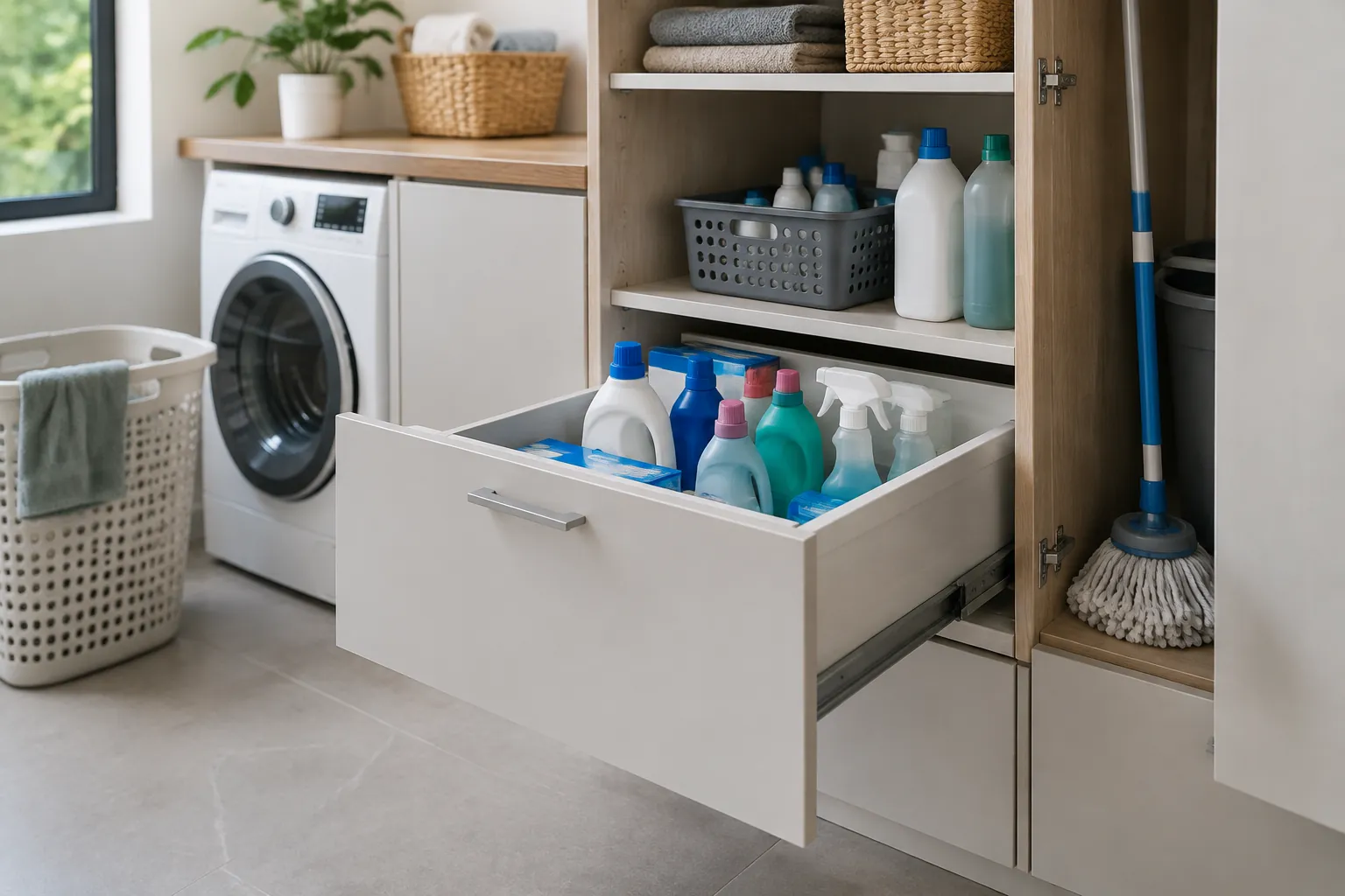 Laci laundry berisi botol pembersih di samping mesin cuci