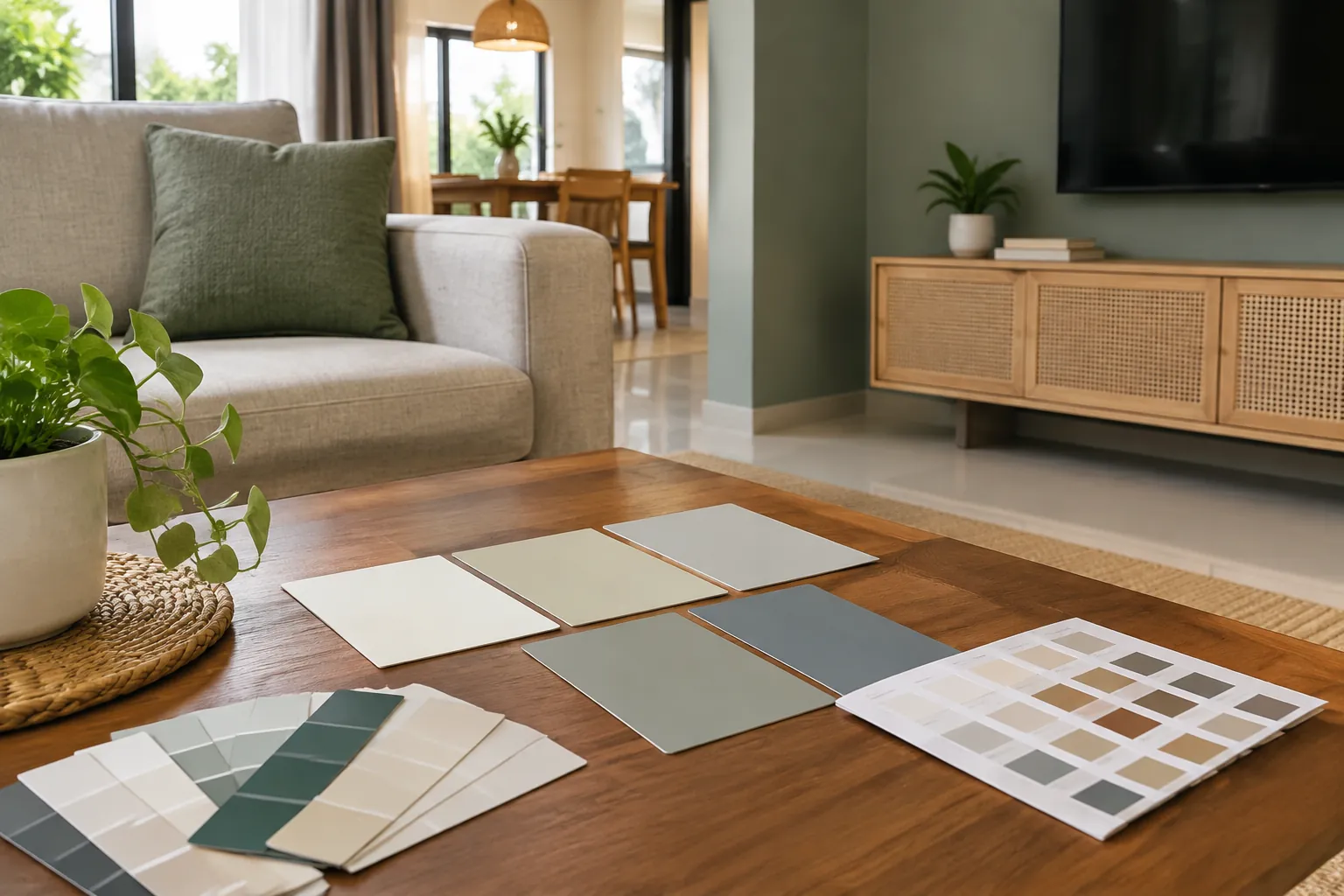 Palet warna di meja depan sofa dan kabinet televisi