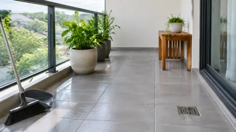 Lantai balkon dengan sapu dan saluran air