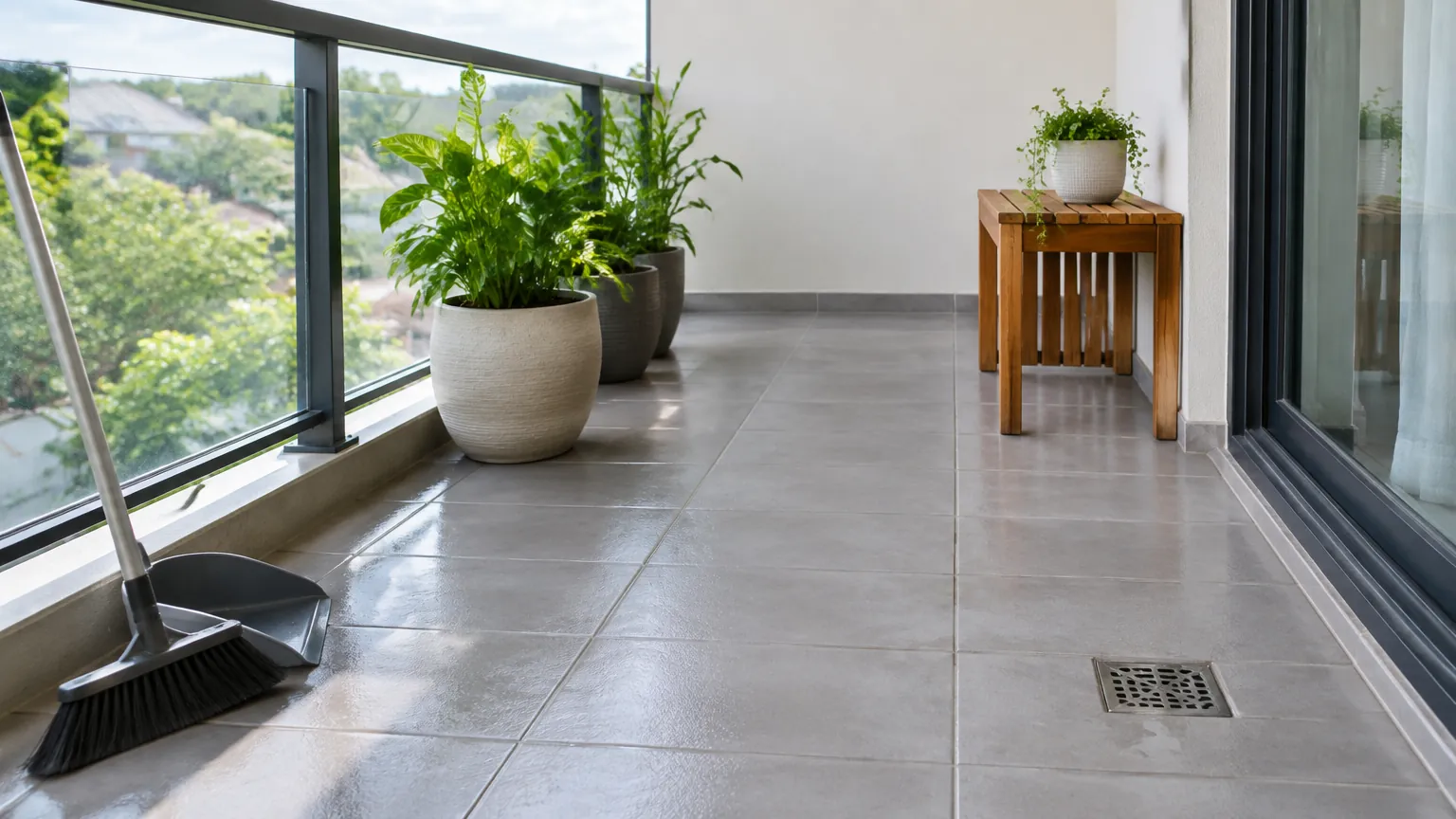Lantai balkon dengan sapu dan saluran air