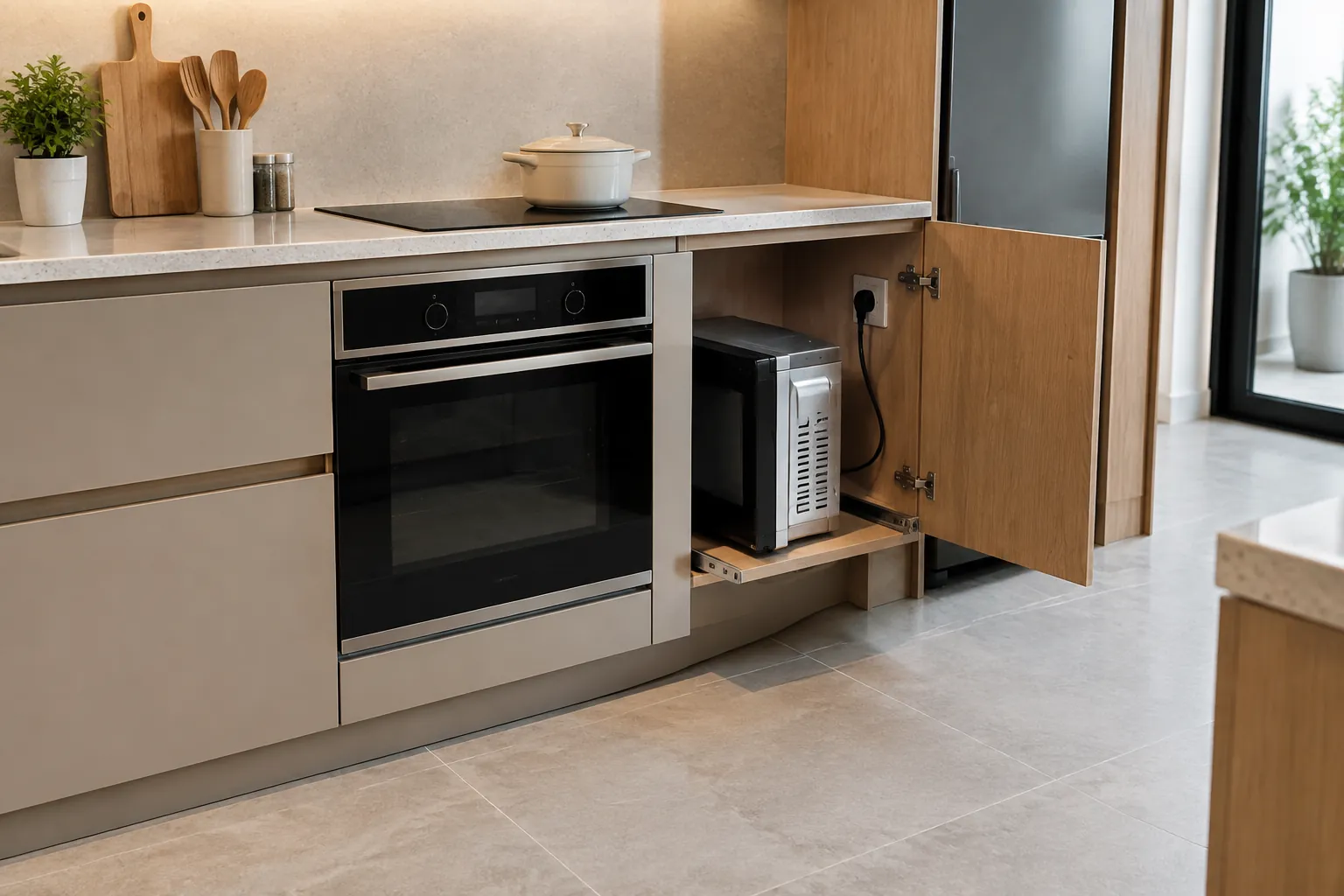 Lemari oven dapur dibuka untuk memperlihatkan ruang perangkat