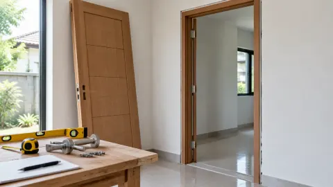 Pintu kayu dan kusen di ruang yang sedang disiapkan untuk pemasangan