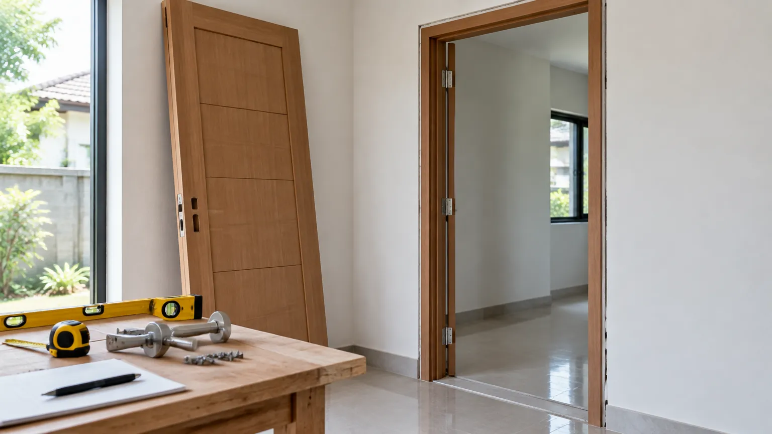 Pintu kayu dan kusen di ruang yang sedang disiapkan untuk pemasangan
